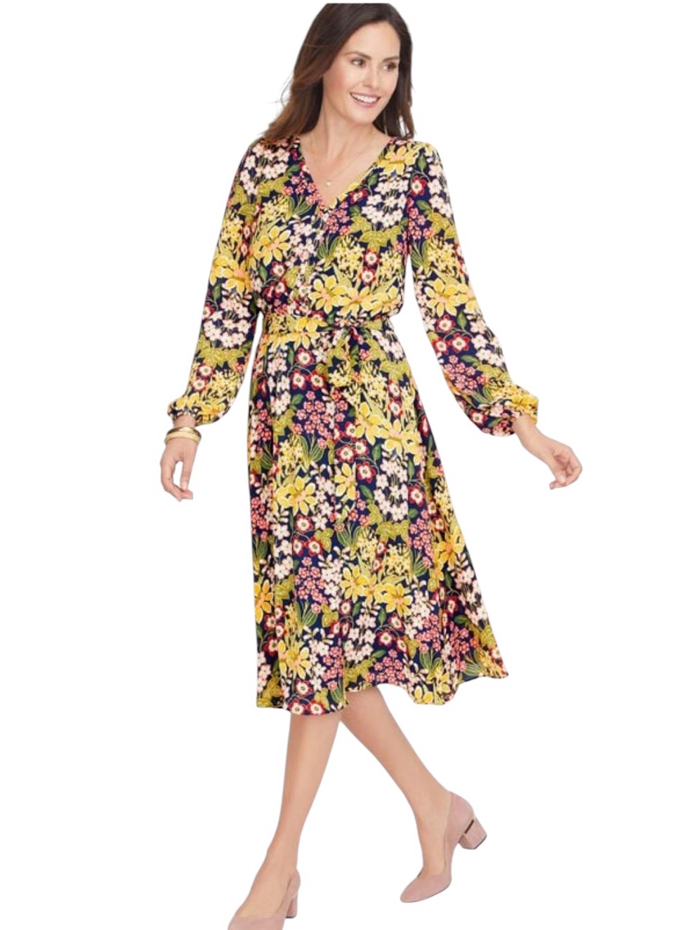 Talbots Multicolor Garden Floral V-Neck Long Sleeve Midi Dress